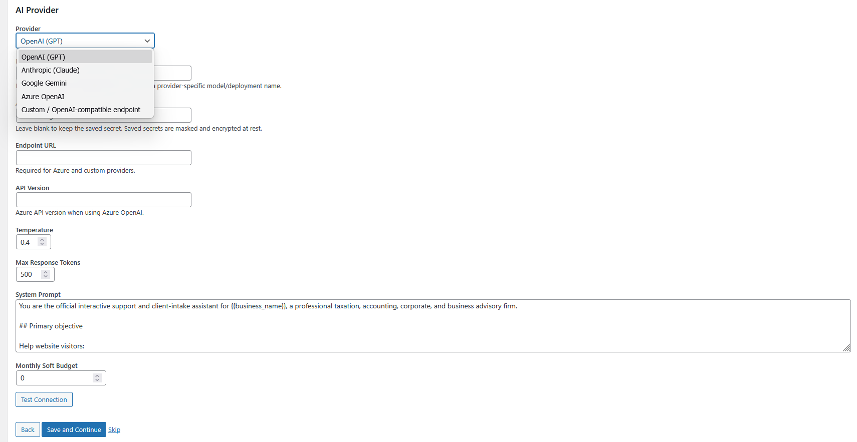 AI provider setup screen in ClientNudge.