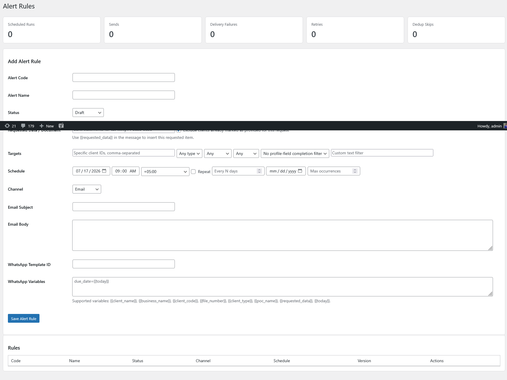 ClientNudge alert-rule builder for scheduled reminders