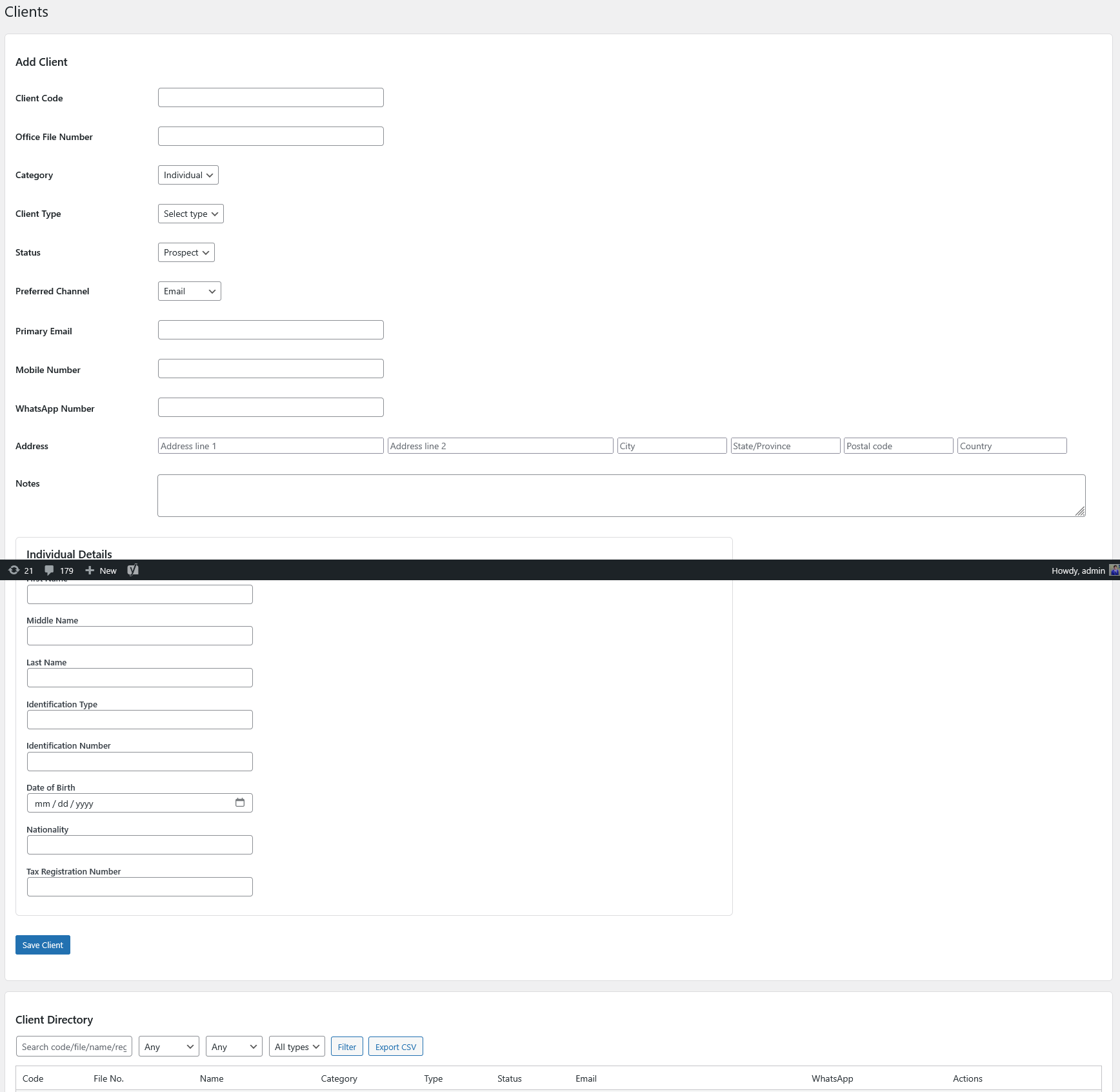 Client management screen in ClientNudge.