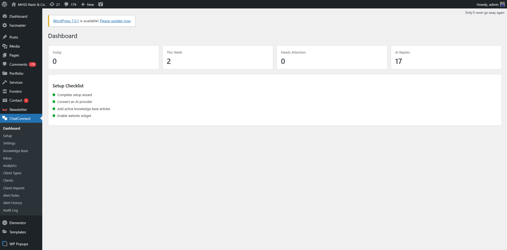 ClientNudge WordPress dashboard showing setup status, activity counts and the ClientNudge admin menu.