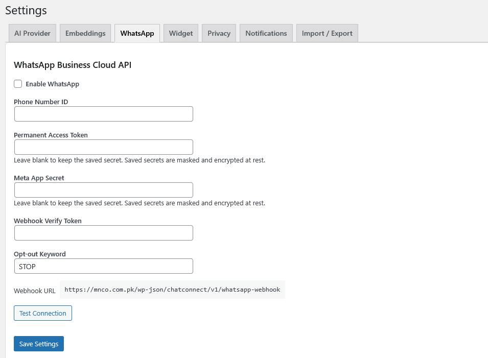 WhatsApp Business Cloud API setup screen in ClientNudge.