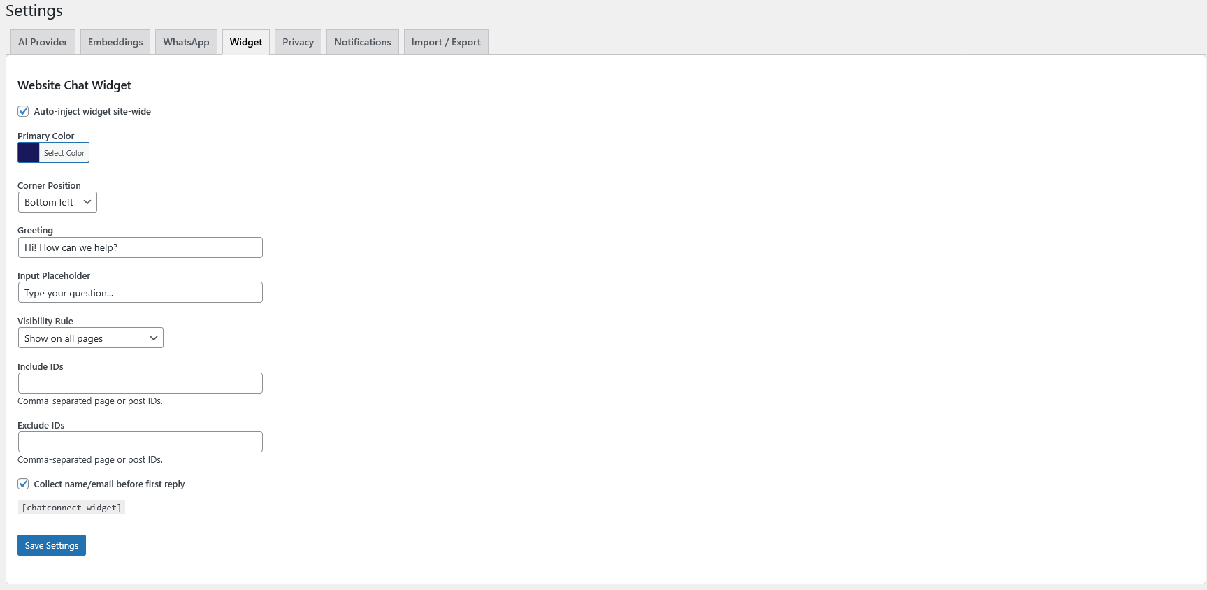 ClientNudge WordPress widget settings screen.